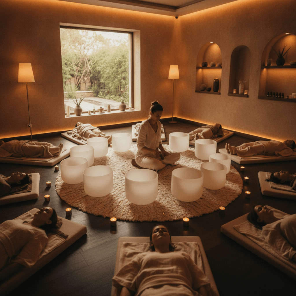 Larissa Steinbach von Soul Art Dubai demonstriert die Tiefenwirkung von vibroakustischem Klang zur Stärkung der Interozeption und des Wohlbefindens in einer eleganten Umgebung.