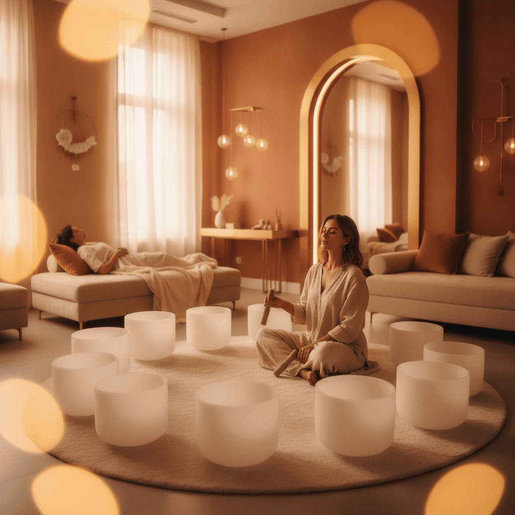 A person experiencing deep relaxation on a vibroacoustic sound bed, with calming blue light, embodying the tranquil environment of Soul Art Dubai and Larissa Steinbach's approach to inclusive wellness.