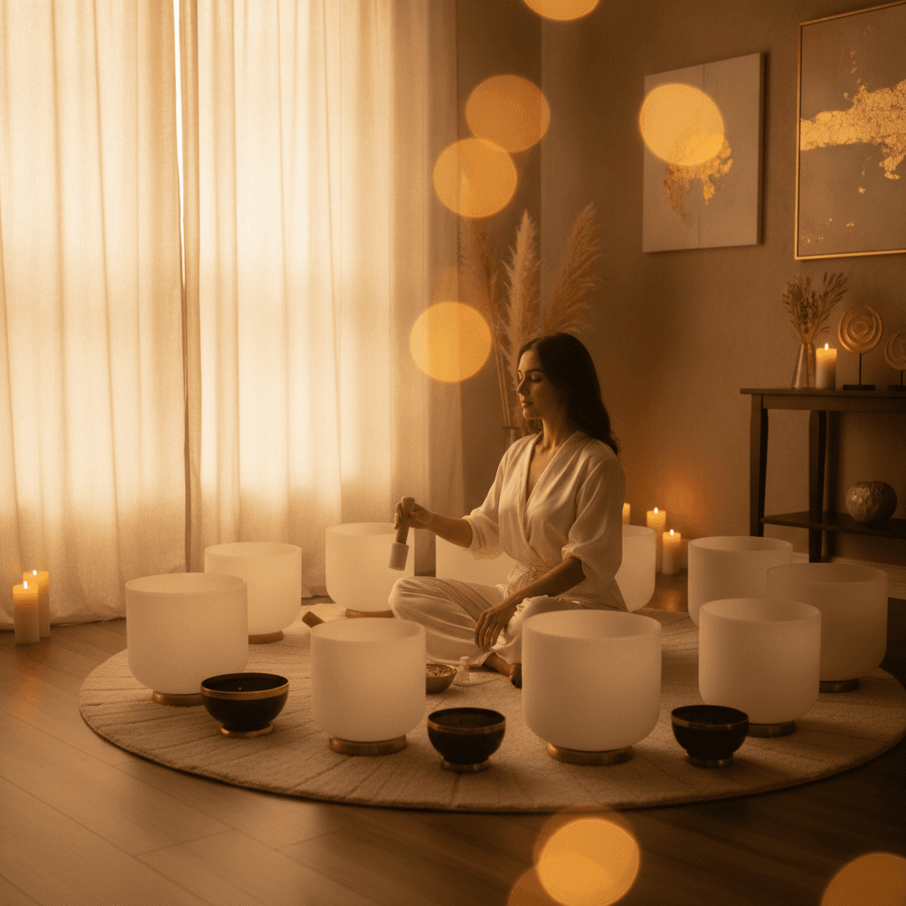 A person relaxing on a vibroacoustic bed, receiving sound therapy for muscle recovery at Soul Art Dubai, under the guidance of Larissa Steinbach, surrounded by serene, luxurious decor.
