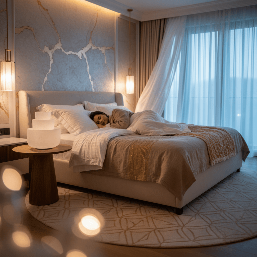 A woman experiencing deep relaxation on a vibroacoustic therapy bed, illustrating therapeutic sound waves soothing her, an experience expertly curated by Larissa Steinbach at Soul Art Dubai.