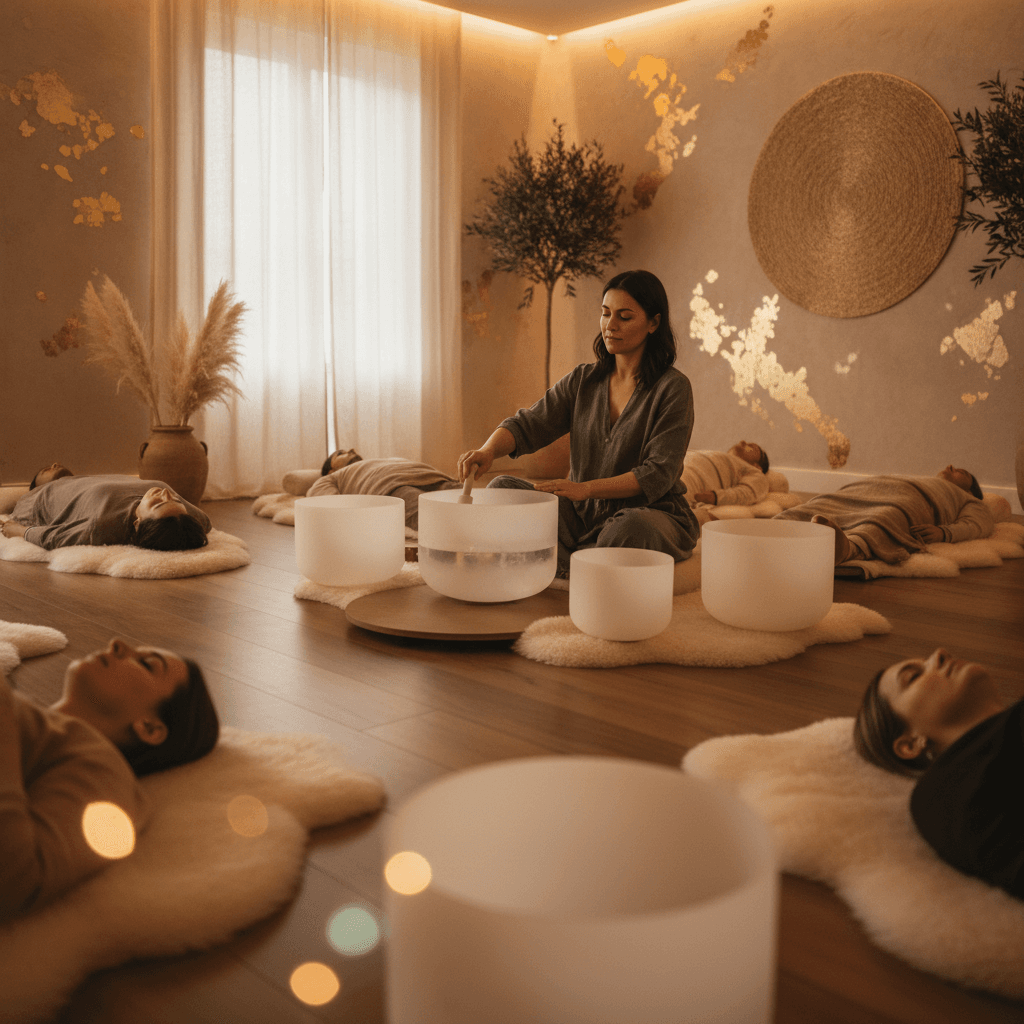 Eine Person entspannt auf einer vibroakustischen Klangliege, die sanfte Schwingungen durch den Körper leitet, symbolisiert die innovative Wellness-Erfahrung bei Soul Art in Dubai, gegründet von Larissa Steinbach.