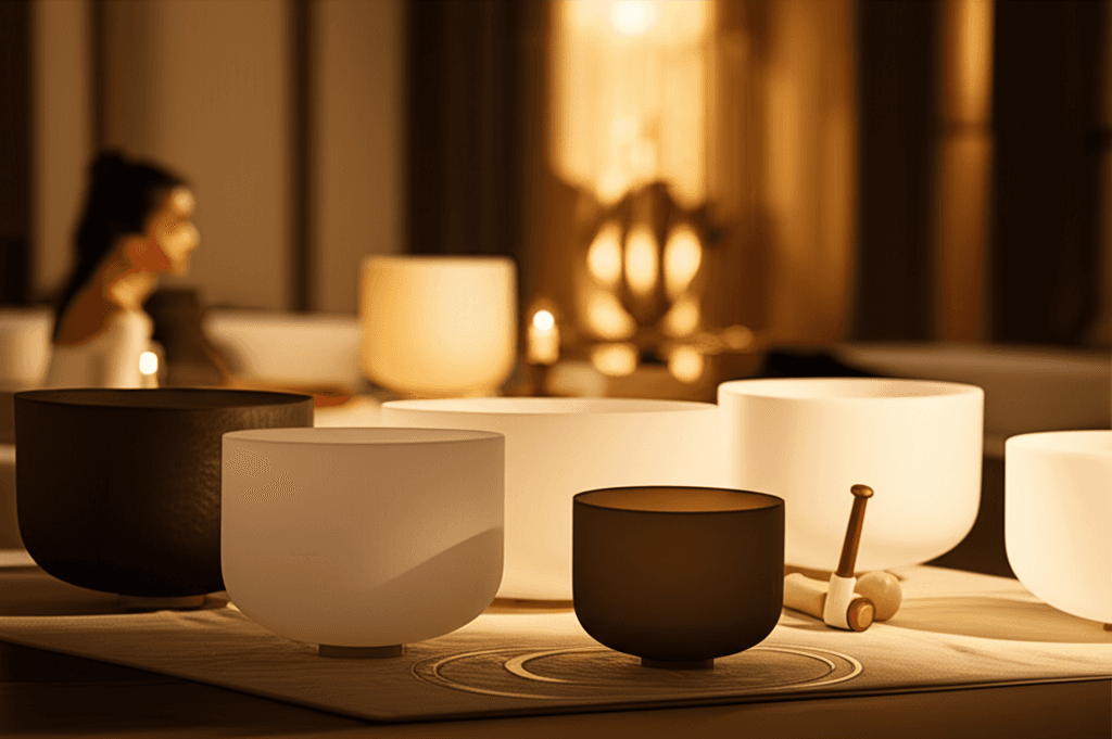 A tranquil scene of sound bowls and gongs glowing softly, representing the harmonizing approach of Soul Art by Larissa Steinbach to address Vikruti imbalances.