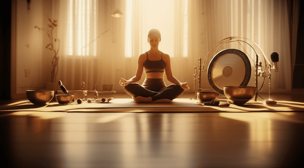 A person in a flowing yoga pose during a Vinyasa Flow with Rhythm class at Soul Art Dubai, emphasizing the connection between movement and breath, guided by Larissa Steinbach's wellness philosophy.