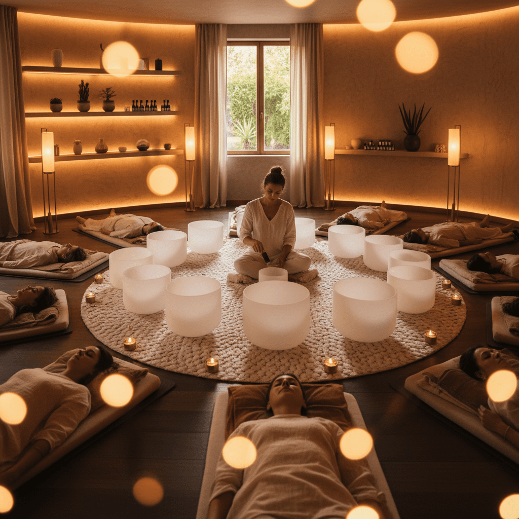 A person in a VR headset experiencing a serene virtual environment, surrounded by calming visuals and sounds. This image represents Soul Art Dubai's innovative approach to sound wellness, pioneered by Larissa Steinbach, integrating virtual reality for deep relaxation and immersive experiences.
