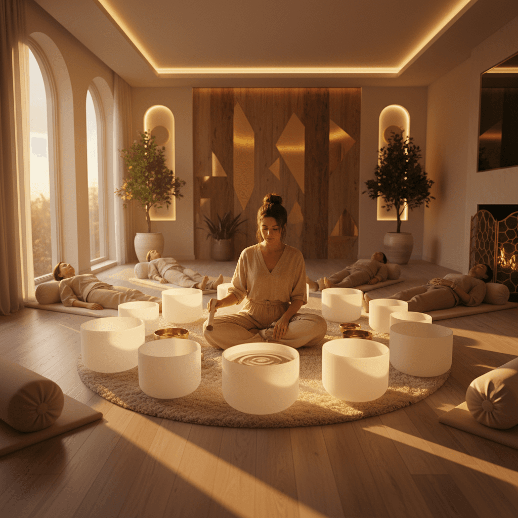 Eine Person liegt entspannt auf einer Matte, umgeben von sanft leuchtenden Instrumenten wie Klangschalen und Gongs, die von Larissa Steinbach bei Soul Art für eine meditative Klangreise verwendet werden.
