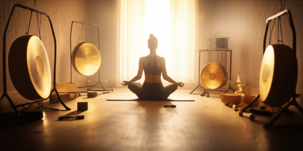 A tranquil scene depicting a person meditating with headphones, overlaid with subtle sound wave graphics, illustrating visualization meditation with sound support. Featuring the unique approach of Soul Art Dubai by Larissa Steinbach, enhancing mental clarity and relaxation.