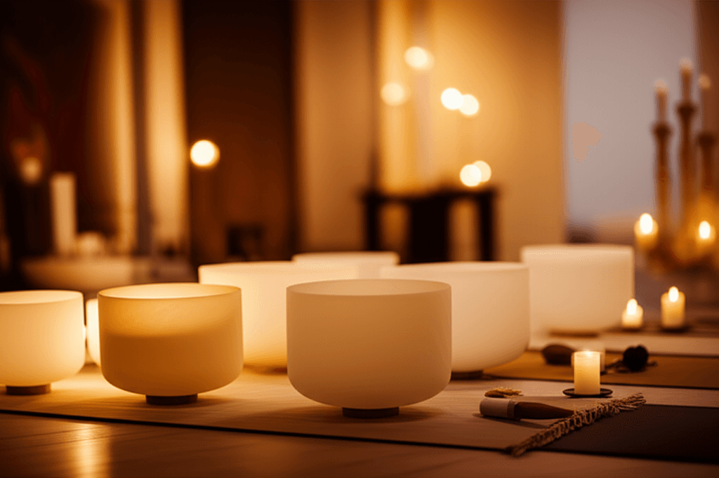 Larissa Steinbach von Soul Art leitet eine Klang-Wellness-Sitzung für aktive Senioren in Dubai, die Entspannung und Vitalität fördert, mit Kristallklangschalen im Vordergrund.