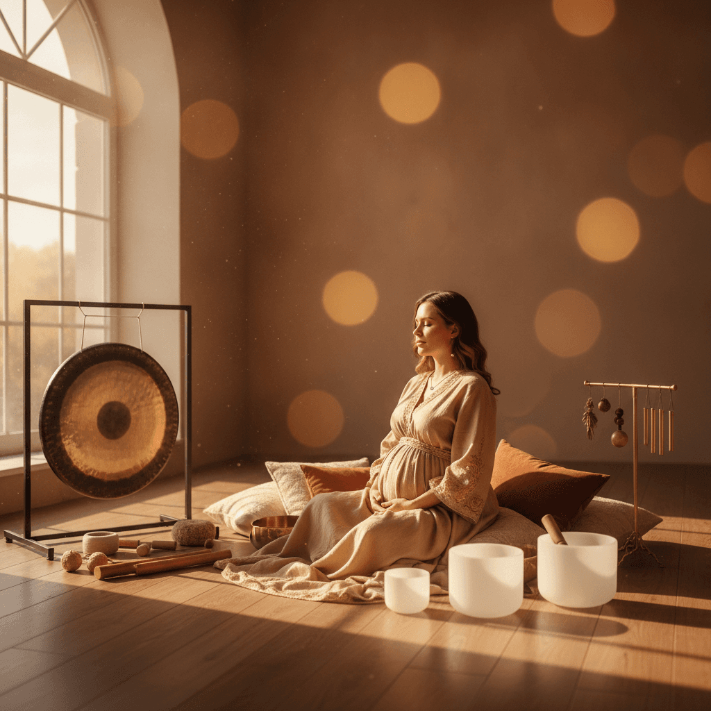 A serene pregnant woman gently humming during a sound wellness session at Soul Art Dubai, guided by Larissa Steinbach, symbolizing the benefits of vocal toning for maternal well-being and mother-infant bonding with gentle boundaries.