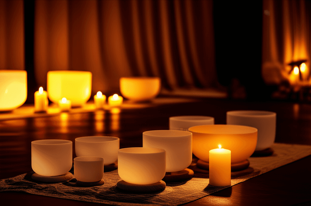 A woman with her eyes closed, hands gently placed near her throat, engaging in vocal toning, surrounded by subtle glowing energy. Soul Art Dubai with Larissa Steinbach offers transformative sound wellness experiences.
