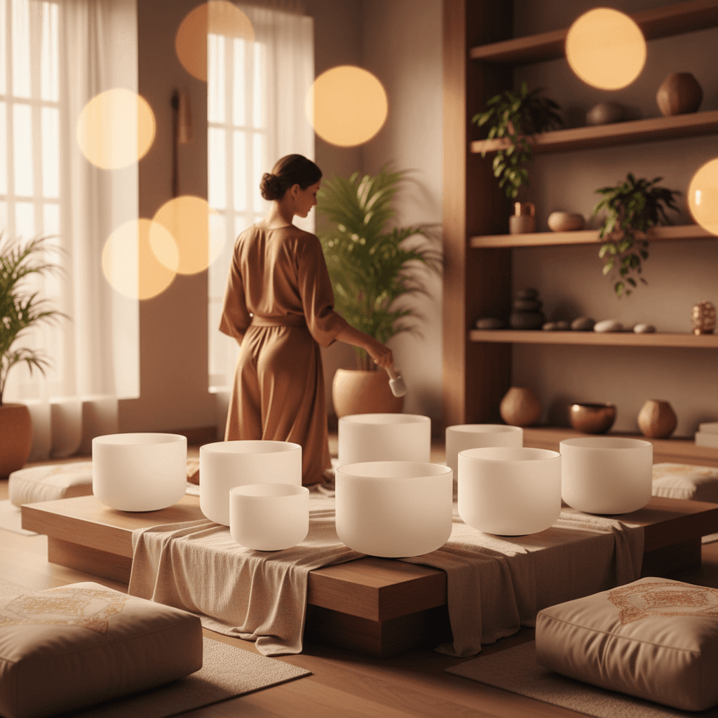 Eine Frau in tiefer Meditation, umgeben von sanften Klängen, symbolisiert sicheren emotionalen Ausdruck und Trauerbewältigung. Geleitet von Larissa Steinbach bei Soul Art Dubai.