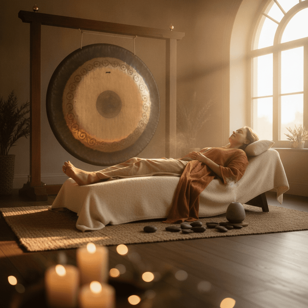 Eine Person entspannt sich in kontemplativer Pose, eine Hand am Herzen, bereit für Stimm-Journaling nach einem Klangbad, symbolisierend die transformative Wellness-Reise bei Soul Art Dubai mit Larissa Steinbach.