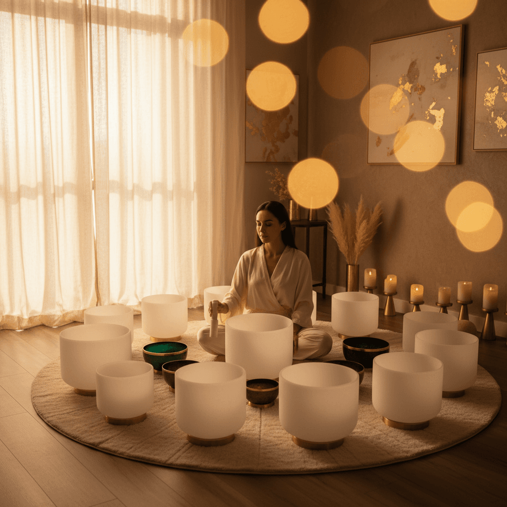 A serene group sound bath session at Soul Art Dubai, featuring crystal singing bowls and gongs, demonstrating the thoughtful arrangement by Larissa Steinbach to ensure optimal volume, distance, and client comfort.