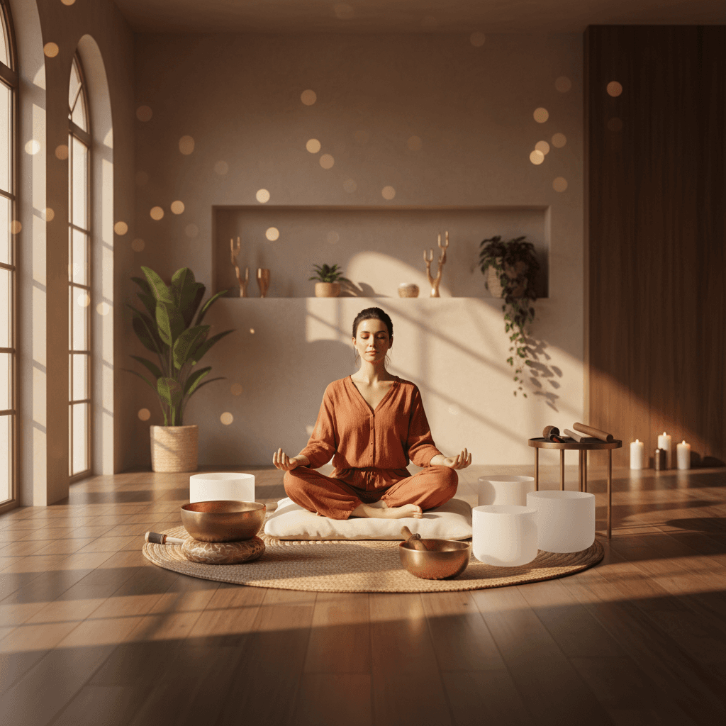 Eine Person praktiziert Gehmeditation inmitten einer ruhigen Naturlandschaft, symbolisierend Soul Arts Larissa Steinbachs Ansatz zur Klangheilung und Achtsamkeit.