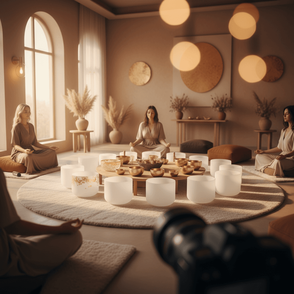 Larissa Steinbach at Soul Art Dubai, demonstrating fountain sound therapy for deep relaxation and wellness, surrounded by serene water features.