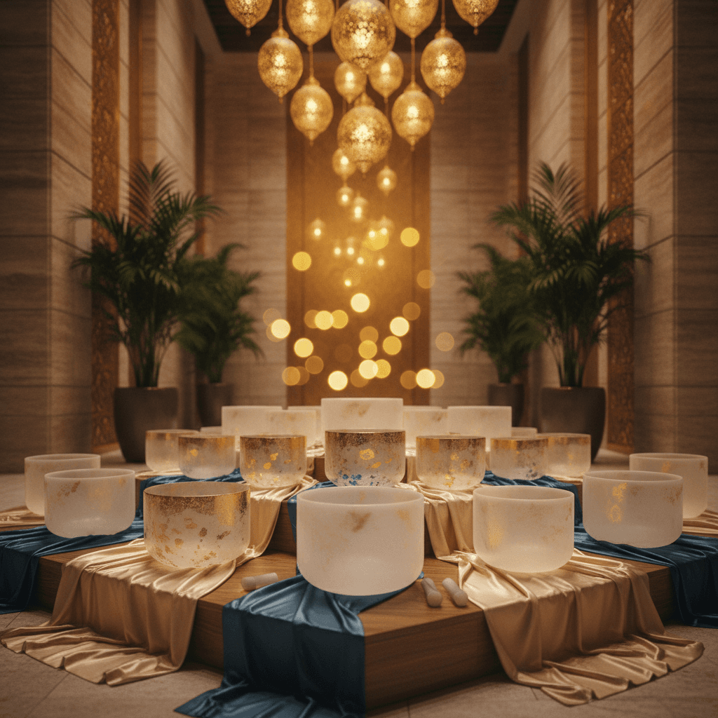 Wasserwellen in einer tibetischen Klangschale bei Soul Art Dubai, visualisiert durch Larissa Steinbachs Klang-Wellness-Methoden.