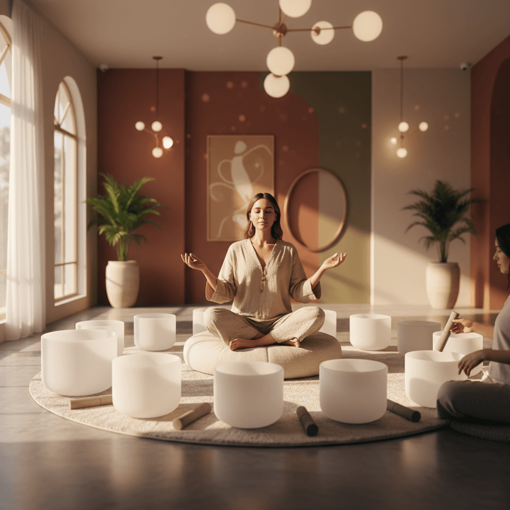 امرأة تبتسم وترتدي ساعة ذكية على معصمها، مع خلفية ضبابية تظهر فيها شاشة بيانات. تُظهر الصورة تقنية الصوتيات القابلة للارتداء ودورها في تعزيز الرفاهية، برؤية Larissa Steinbach من استوديو سول آرت في دبي.