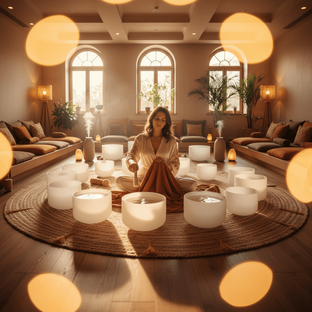 Larissa Steinbach von Soul Art Dubai demonstriert die Kraft tragbarer Klangtechnologie für ganzheitliches Wohlbefinden und tägliche Optimierung. Eine Frau in Meditation mit futuristischen Ohrhörern.