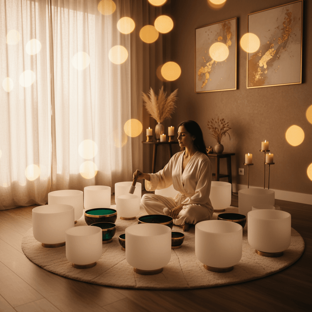 Eine Klangschale und ein Gong in einem ruhigen Studio, beleuchtet von sanftem Licht, repräsentieren die wissenschaftlich fundierte Praxis von Soul Art und Larissa Steinbach.