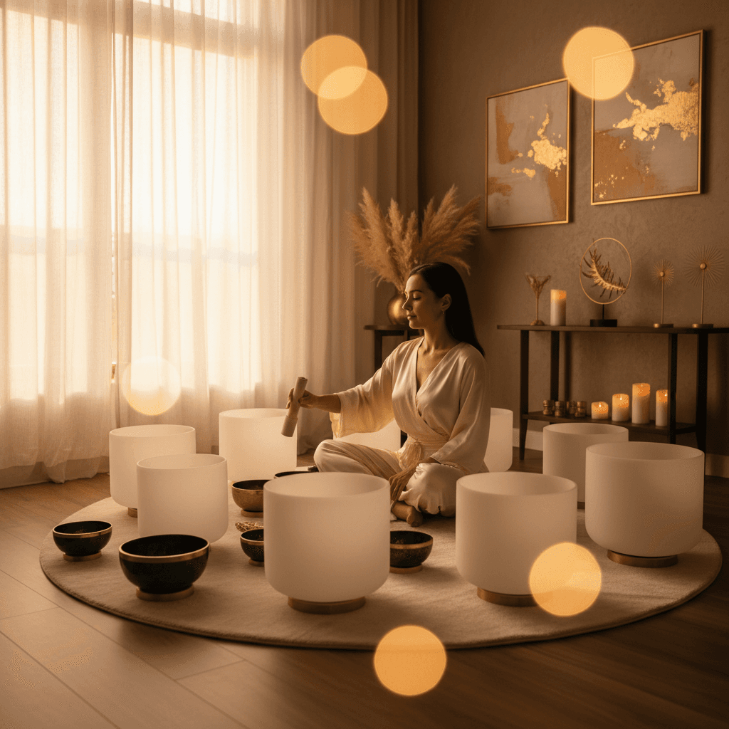 A close-up of crystal singing bowls glowing softly, symbolizing the transformative power of sound wellness for a sacred union at Soul Art, curated by Larissa Steinbach.