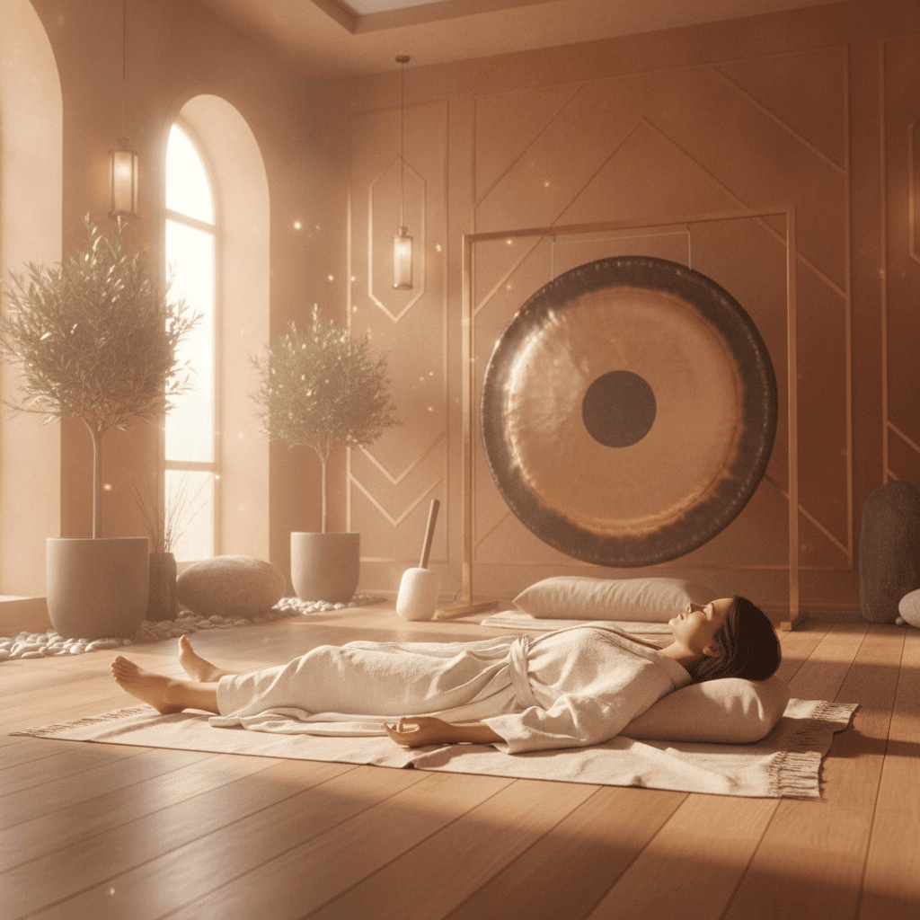 Larissa Steinbach von Soul Art Dubai leitet ein Klangbad mit tibetischen Klangschalen und Gongs in einem luxuriösen, ruhigen Studio.