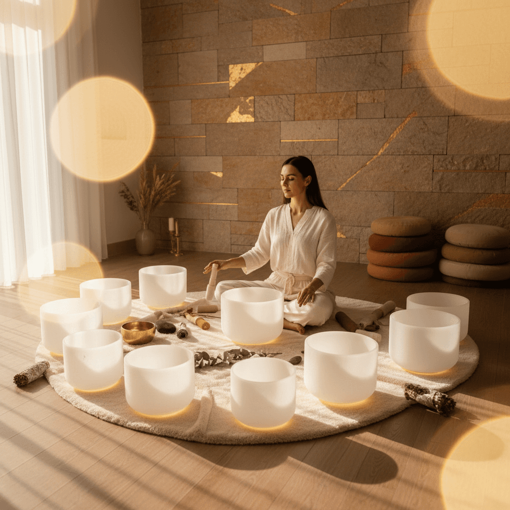A person draped in a weighted blanket, eyes closed, in a serene setting, with subtle sound bowls in the background, embodying tranquility and 'felt safety' at Soul Art by Larissa Steinbach.