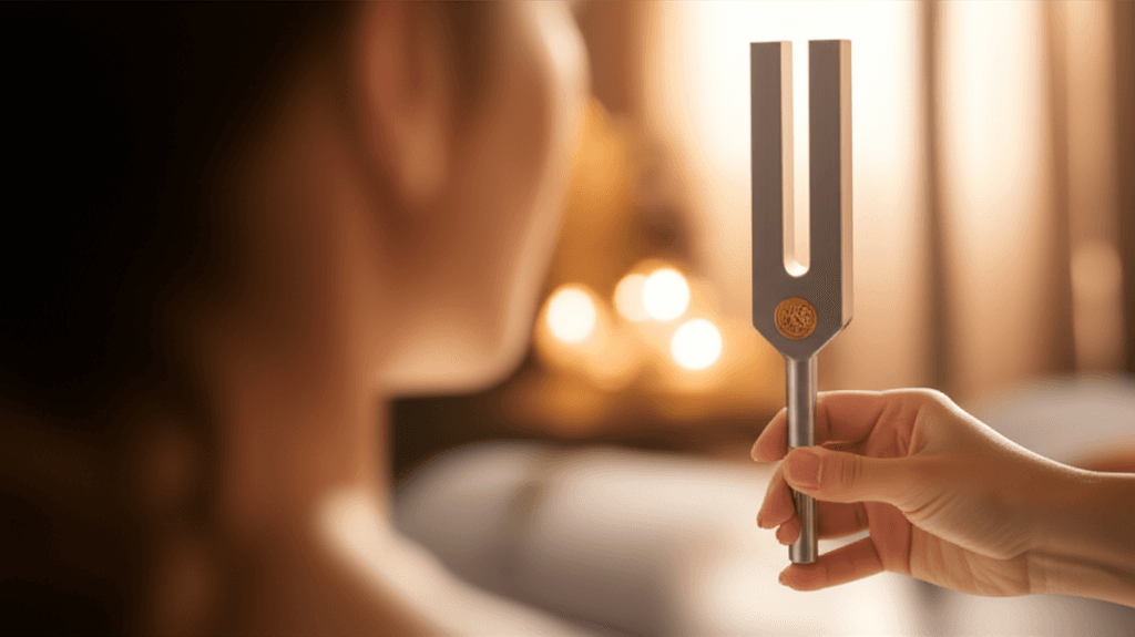 Larissa Steinbach from Soul Art Dubai demonstrating the use of both weighted and unweighted tuning forks for holistic wellness and relaxation.