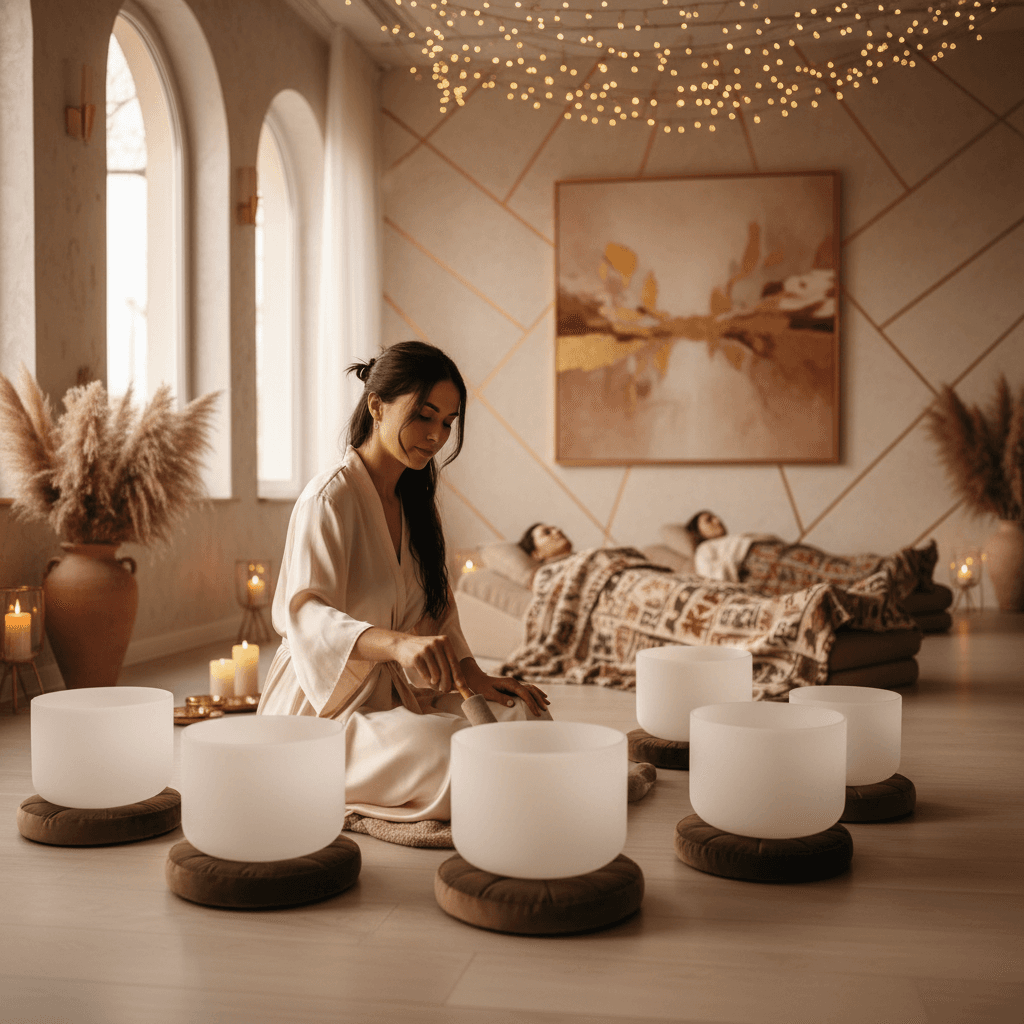 Eine goldene tibetische Klangschale auf einem beigen Tuch mit Blick auf die Hände, die sie anschlagen. Ein Symbol für Wellness zu Hause und die Expertise von Soul Art Dubai und Larissa Steinbach.