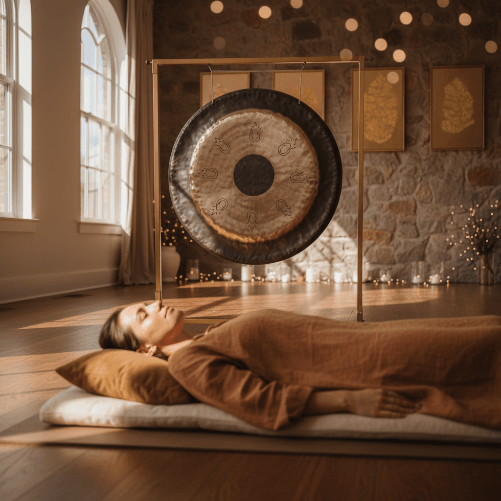 Larissa Steinbach von Soul Art Dubai demonstriert ein Klangbad mit Klangschalen in einem luxuriösen, ruhigen Studio, um Reisenden wissenschaftlich fundierte Entspannung zu bieten.