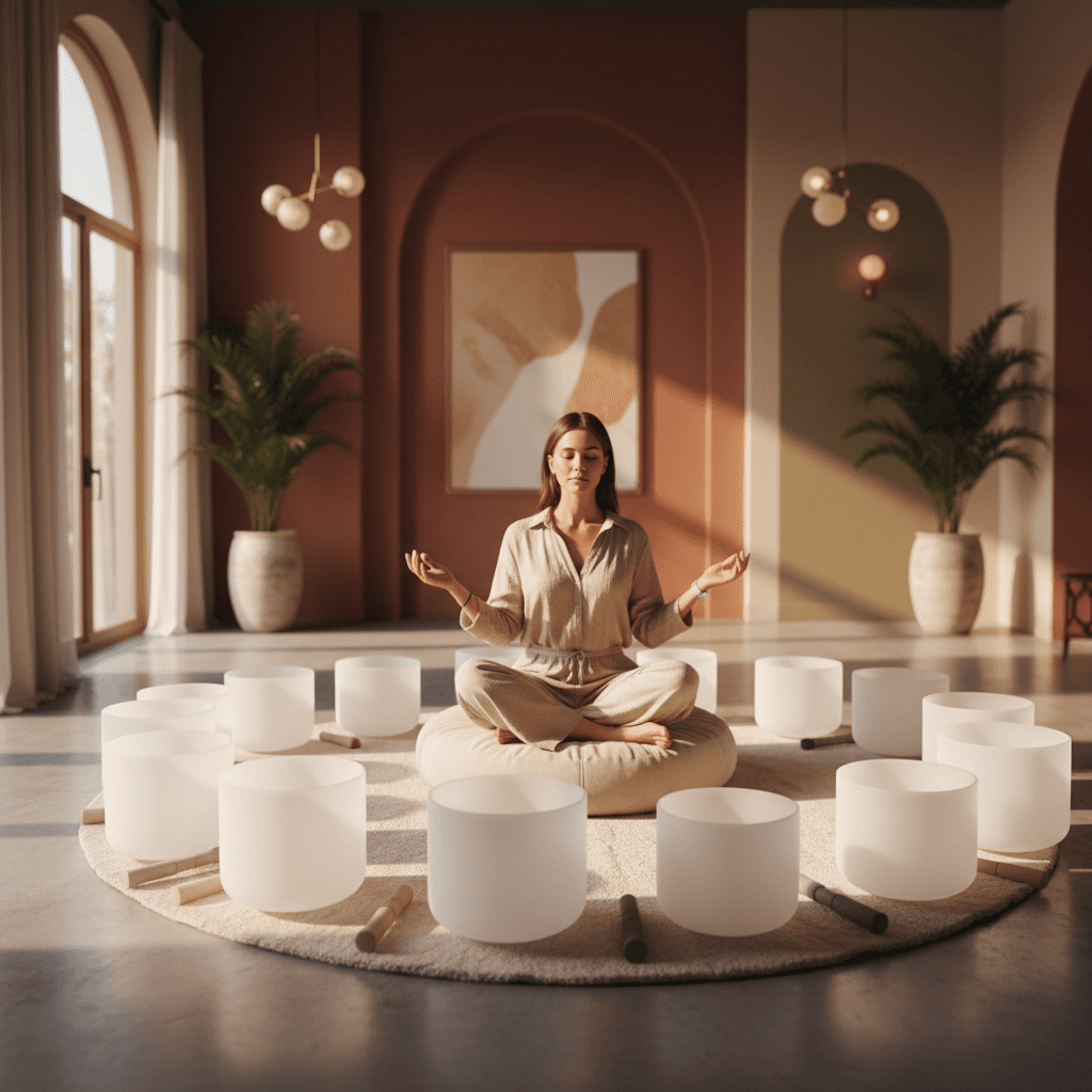 A tranquil scene with crystal singing bowls at a wellness retreat, symbolizing the profound sound healing experiences offered by Soul Art and Larissa Steinbach.