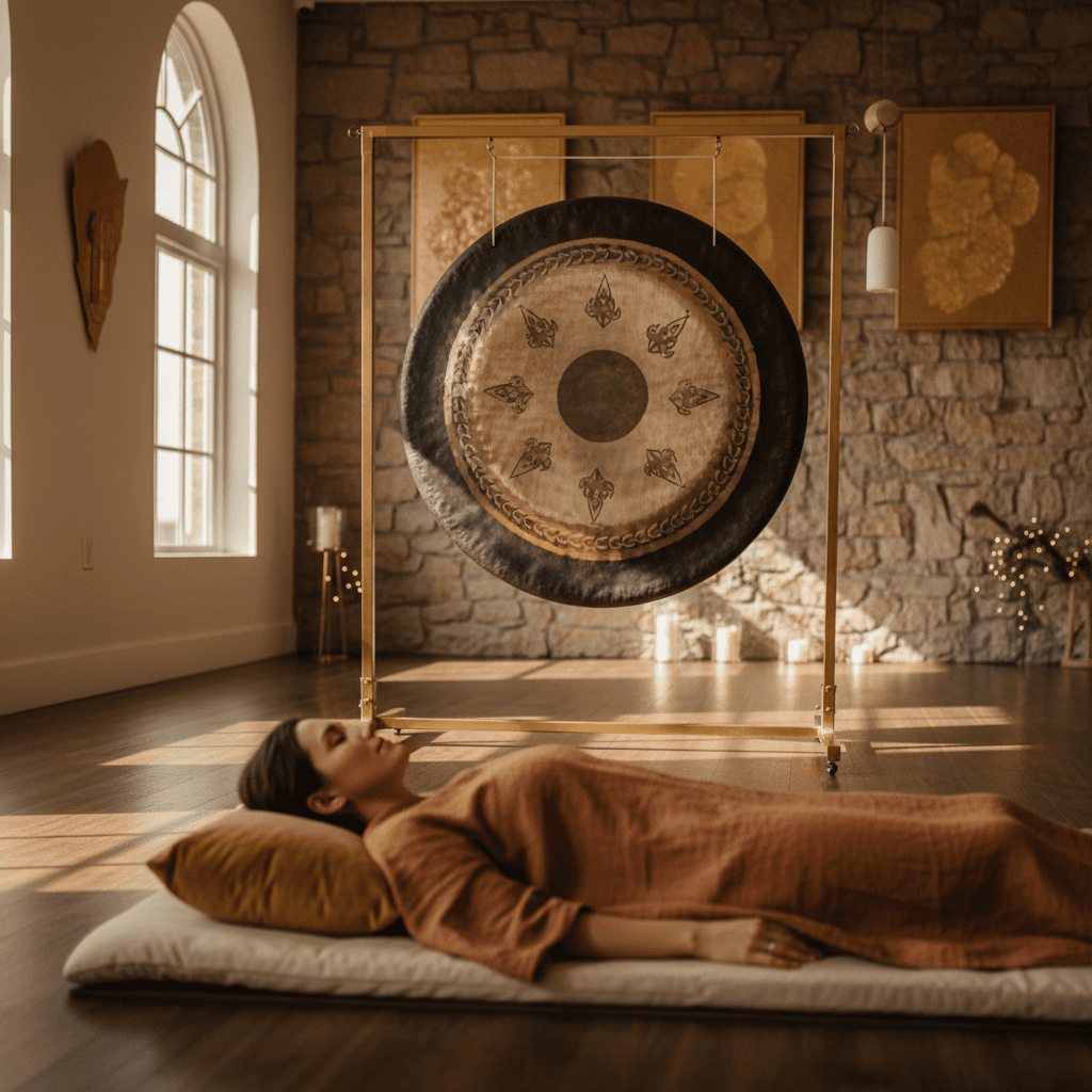 Eine beruhigende Szene in einem Klang-Wellness-Studio von Soul Art Dubai, mit Kristall-Klangschalen und dem sanften Licht, das eine Atmosphäre der Entspannung schafft. Larissa Steinbachs Expertise leitet diese Erfahrung.