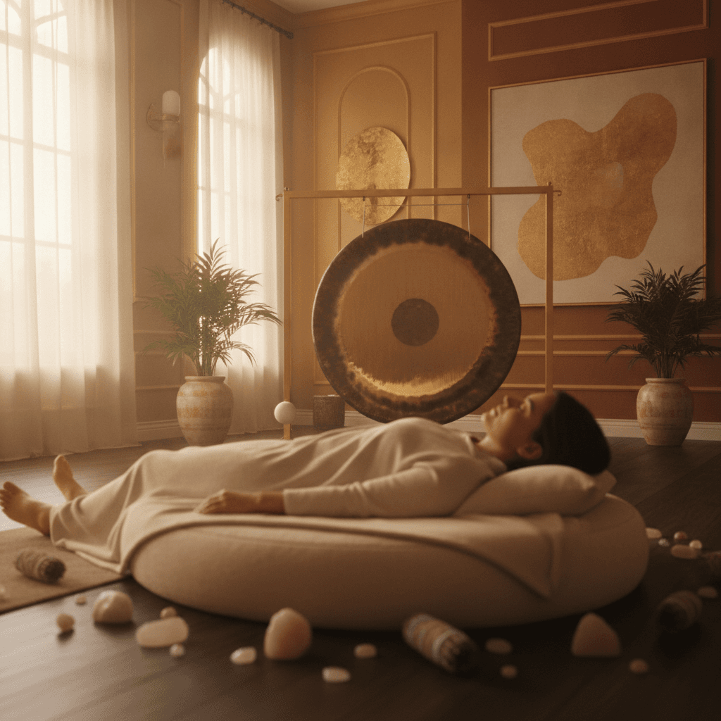 Larissa Steinbach guiding a serene sound bath session at Soul Art Dubai, with crystal singing bowls and gongs creating a tranquil environment for relaxation and well-being, emphasizing the importance of presence.