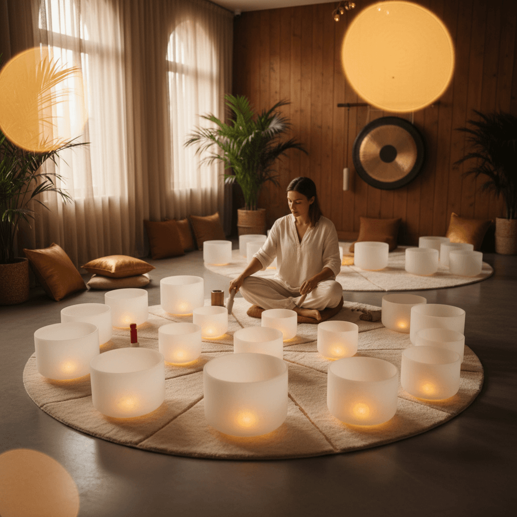 A person meditating during a sound bath, surrounded by singing bowls, illustrating deep relaxation challenges addressed by Soul Art and Larissa Steinbach's expert approach to sound wellness.