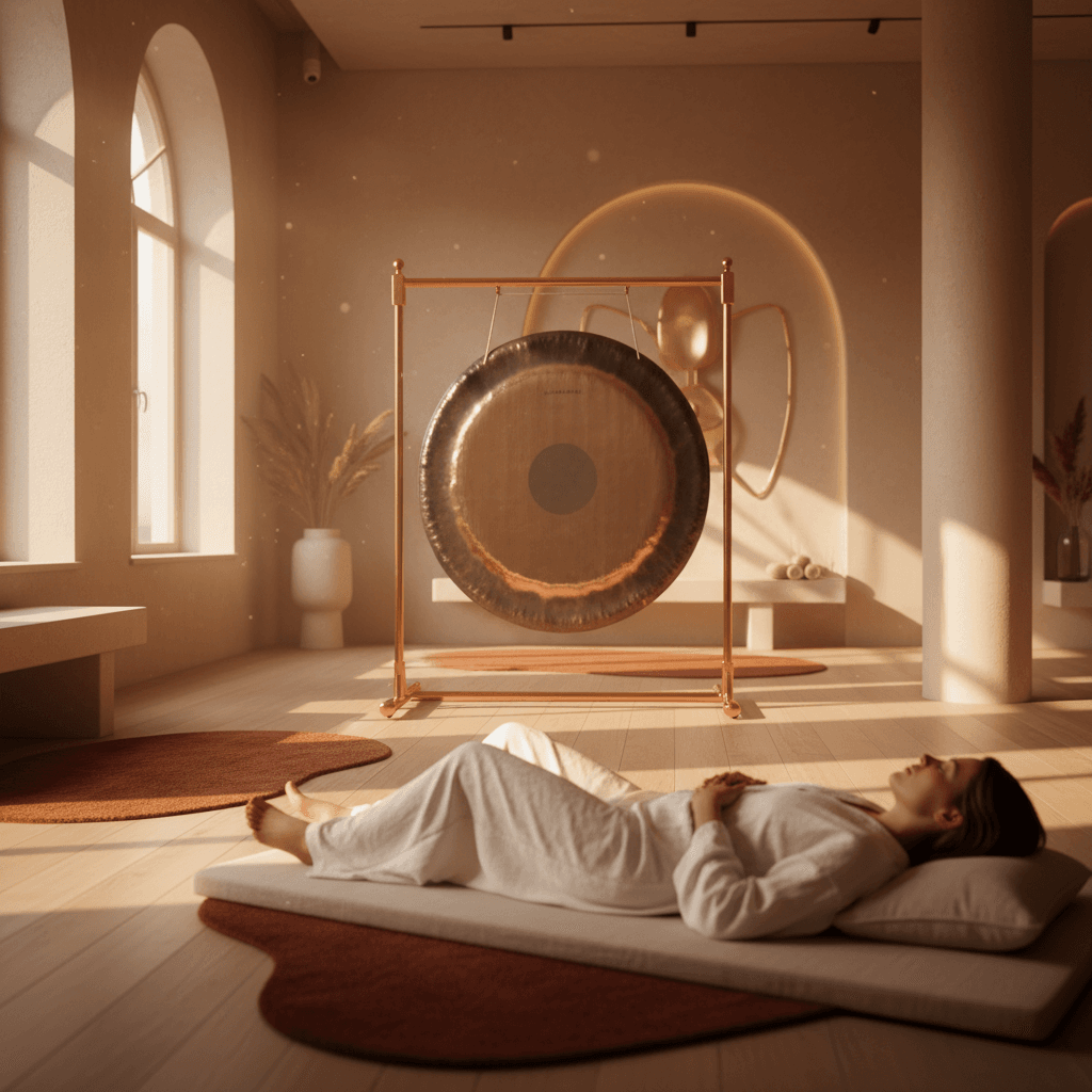 Eine friedliche Szene mit Yogamatte, Decke und Kissen, bereit für ein Klangbad. Dieses Bild symbolisiert die entspannende Atmosphäre bei Soul Art Dubai und die sorgfältige Vorbereitung, die Larissa Steinbach empfiehlt.