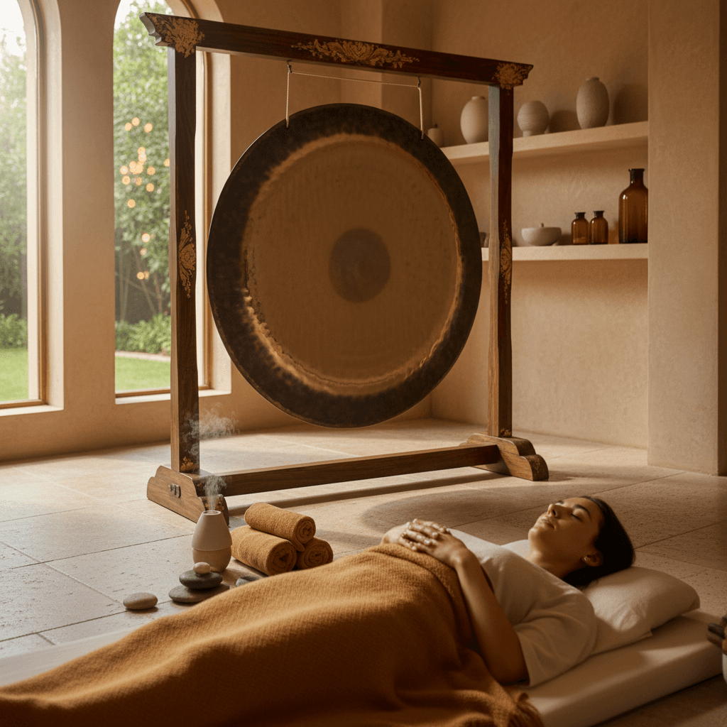 A tranquil scene featuring a healthy, light meal (berries, nuts, herbal tea) beside a crystal singing bowl, symbolizing preparation for a Soul Art sound bath with Larissa Steinbach.