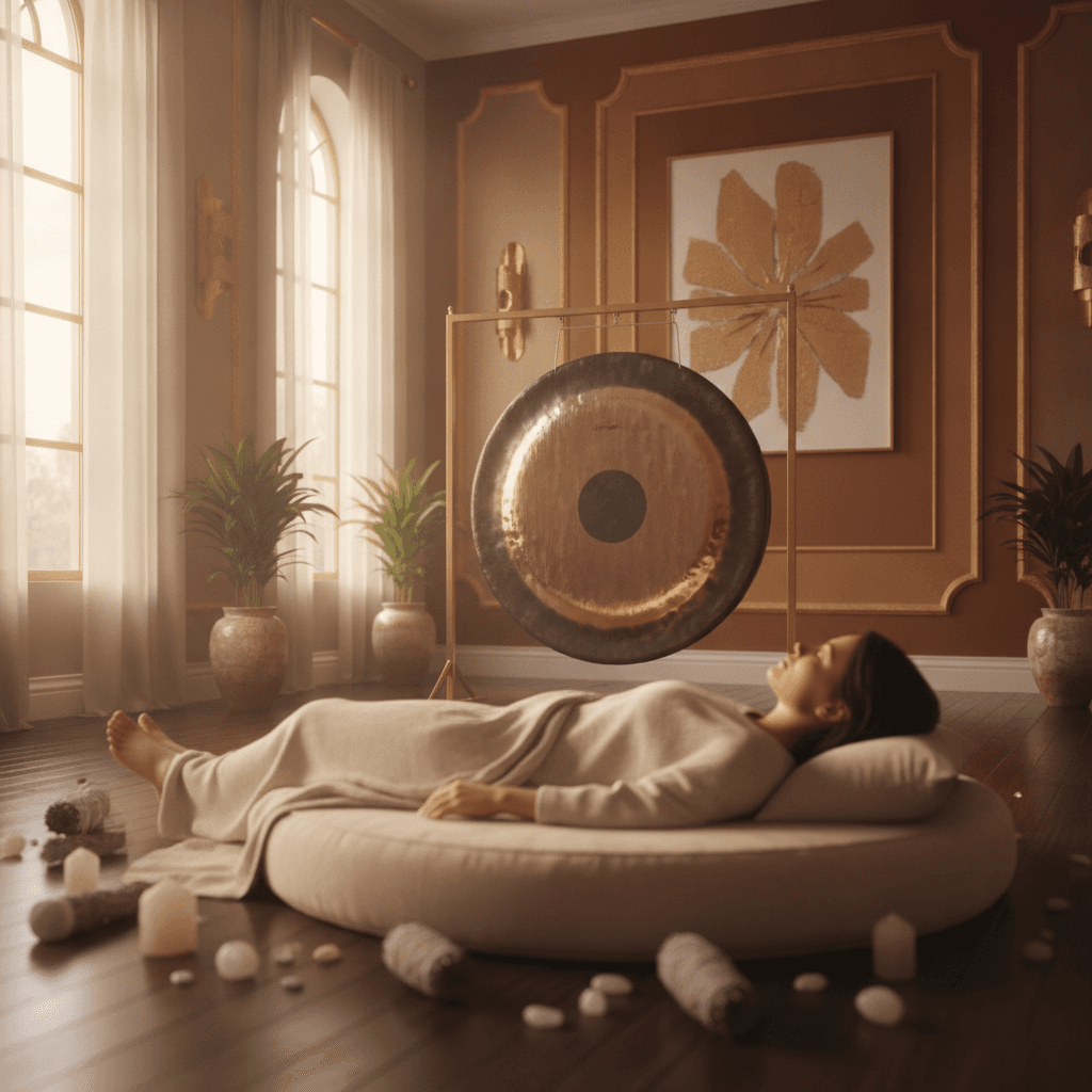 A woman in loose, comfortable attire lying on a yoga mat with a blanket, eyes closed, surrounded by crystal singing bowls, representing the deep relaxation experienced at Soul Art Dubai, founded by Larissa Steinbach.
