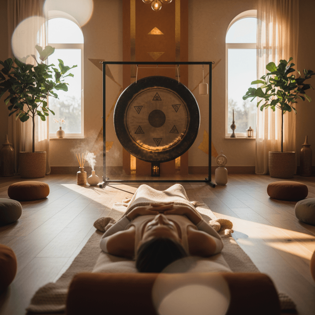 A tranquil scene of a private sound bath session at Soul Art Dubai, with an individual comfortably lying under a blanket, surrounded by crystal singing bowls, creating a serene ambiance for deep relaxation led by Larissa Steinbach.