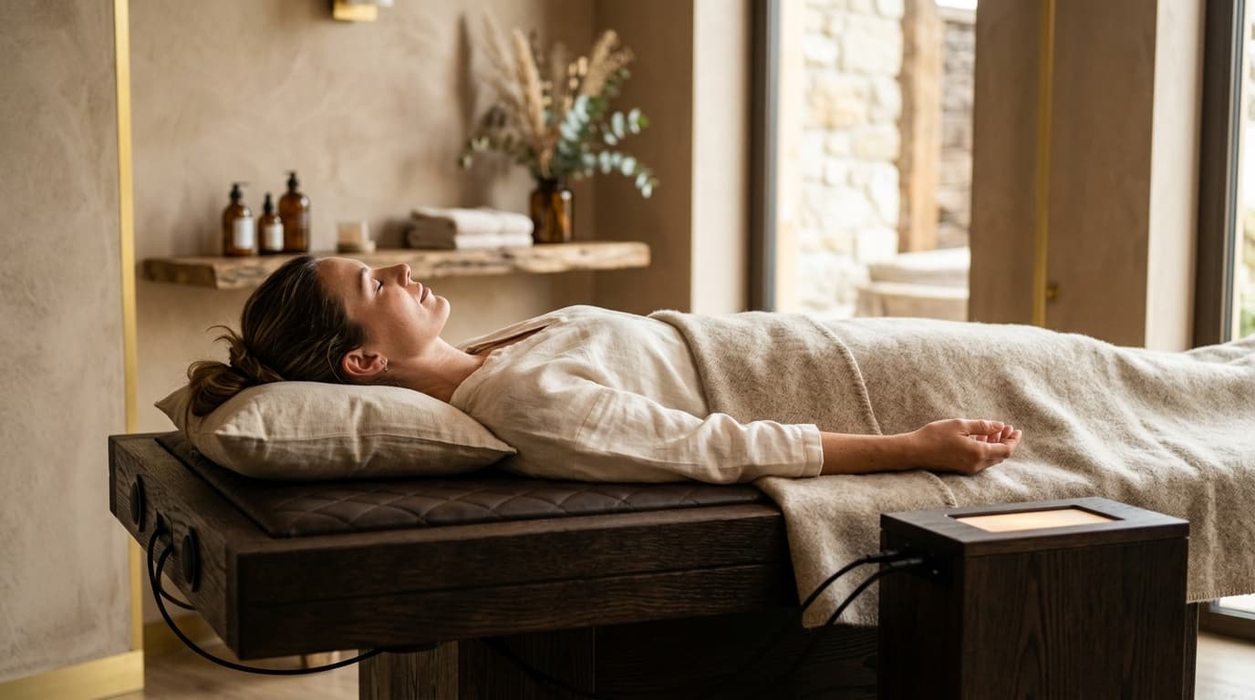 A person experiencing vibroacoustic sound wellness at Soul Art Dubai, founded by Larissa Steinbach, showing the calming effects of sound therapy for pain and relaxation.