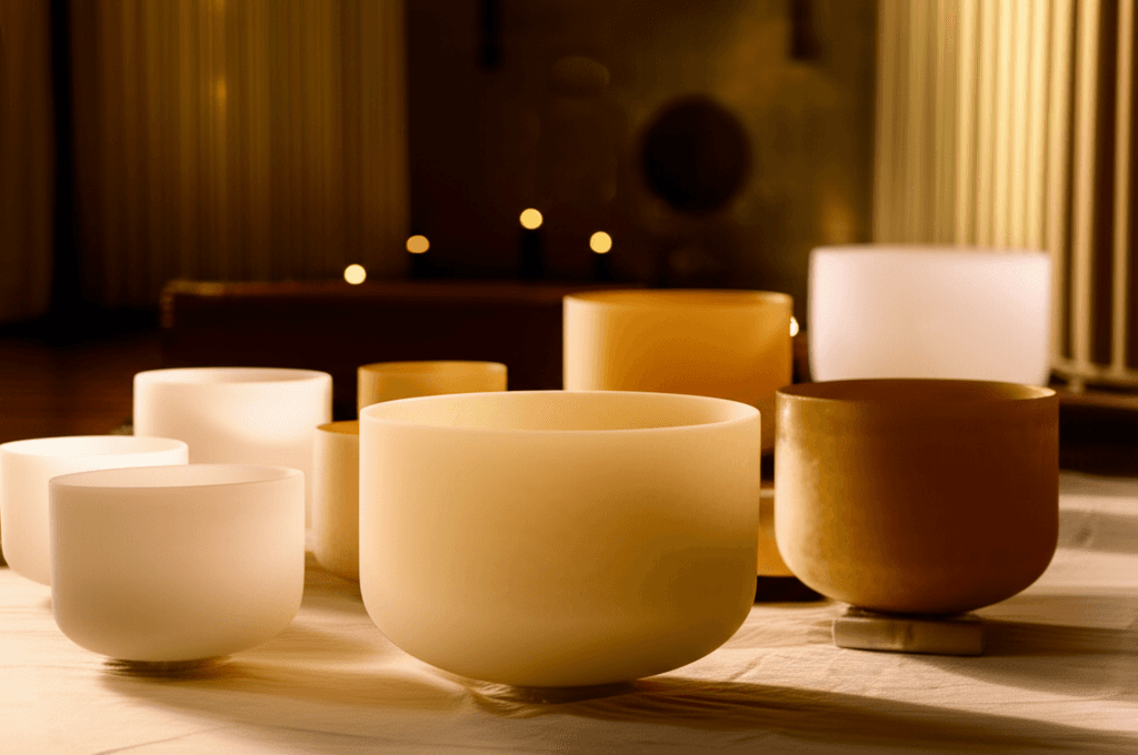 A serene, warmly lit sound healing studio with a person in a wheelchair comfortably positioned for a session, highlighting the inclusive environment at Soul Art Dubai led by Larissa Steinbach.