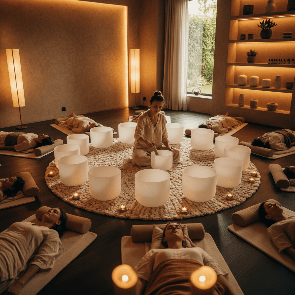 Eine Person entspannt sich auf einer vibroakustischen Liege, umgeben von sanftem Licht, was die beruhigende Atmosphäre des Soul Art Studios von Larissa Steinbach in Dubai widerspiegelt.