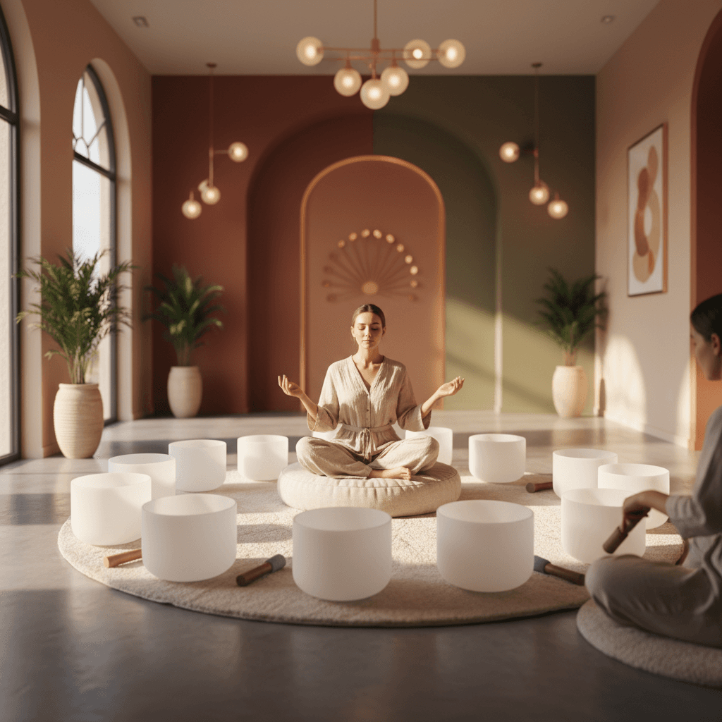 Eine Nahaufnahme einer Person, die singt oder summt, mit sanften, unscharfen Lichtern im Hintergrund. Symbolisiert die Ruhe und Konzentration, die Soul Art Dubai und Larissa Steinbach durch Klang-Wellness fördern.