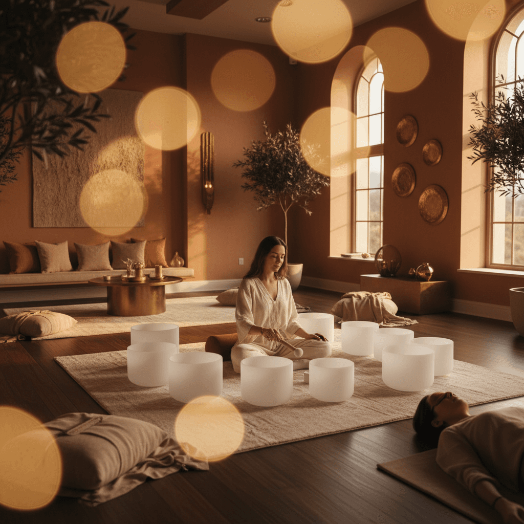 A serene studio setting with Himalayan singing bowls surrounded by soft light, representing the holistic sound wellness practices at Soul Art Dubai, founded by Larissa Steinbach.
