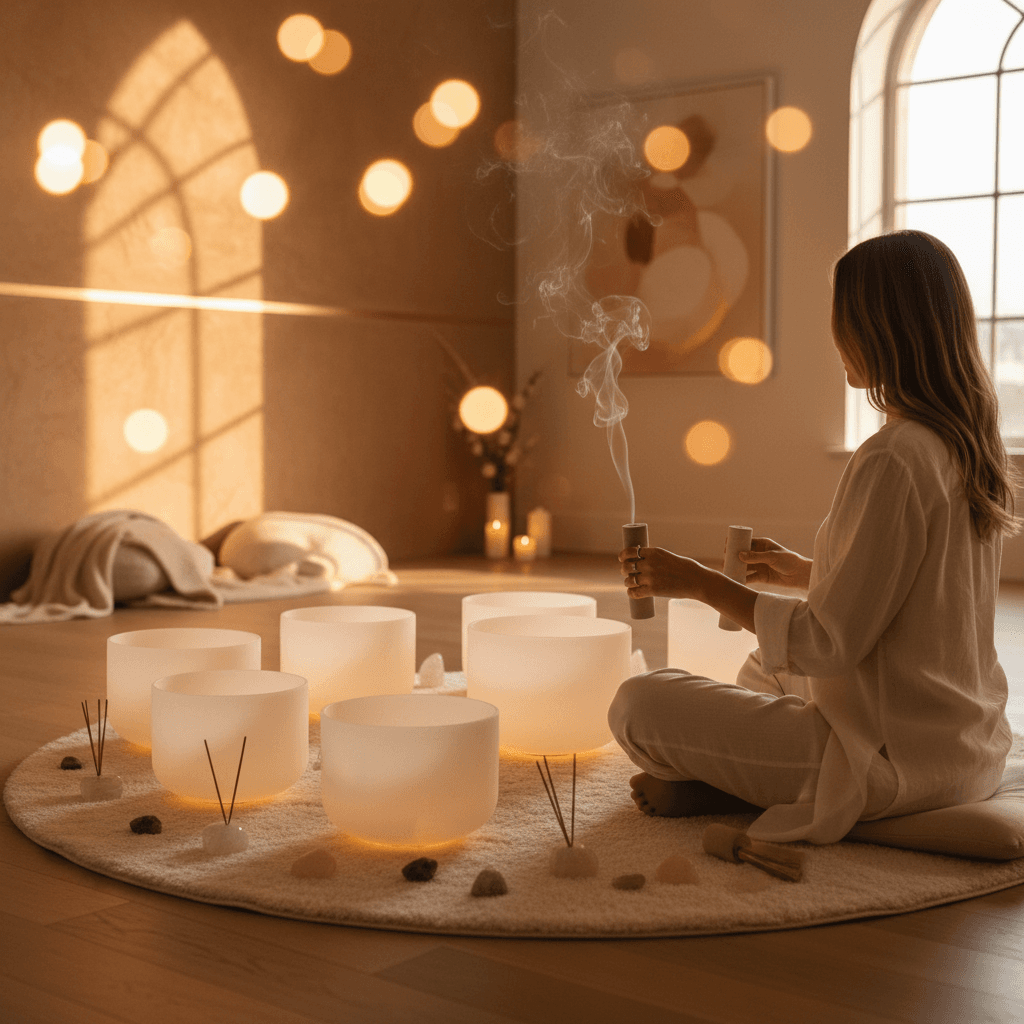 A beautifully illuminated crystal singing bowl emitting gentle vibrations, symbolizing personalized sound wellness at Soul Art Dubai by Larissa Steinbach.