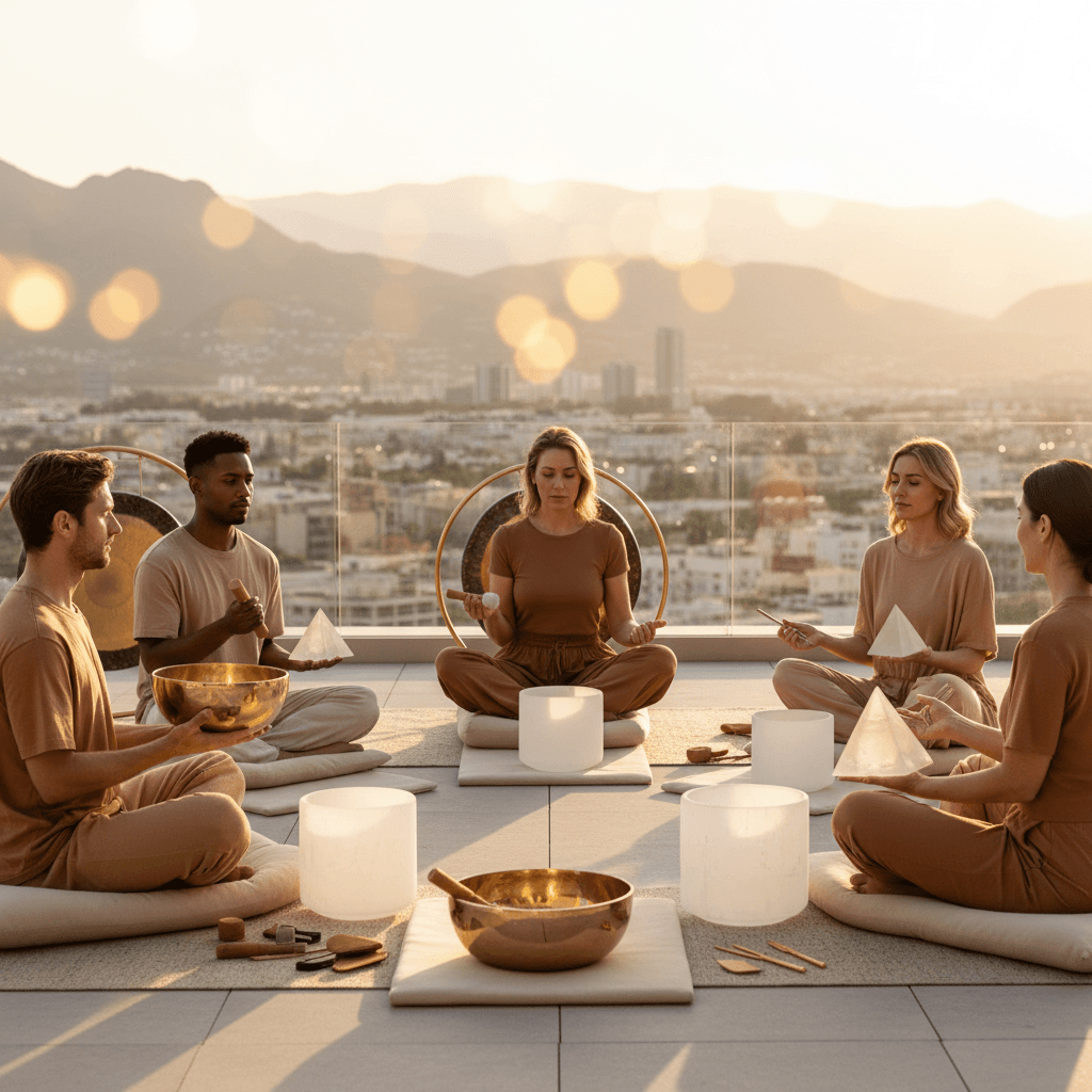 A tranquil scene of a corporate team experiencing sound wellness with Soul Art, guided by Larissa Steinbach, emphasizing quiet recovery and mental clarity.