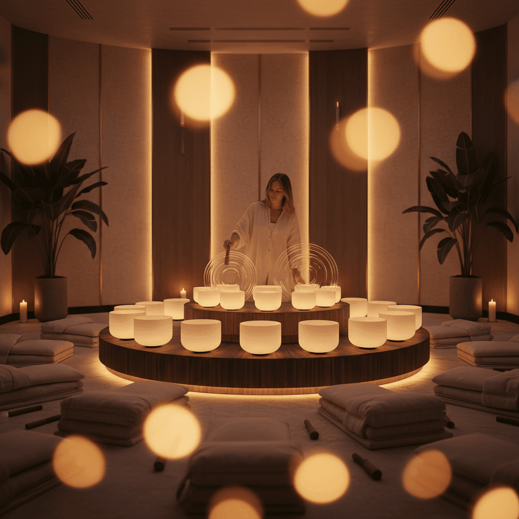 A person in a meditative pose surrounded by glowing, deep blue sound waves, representing the grounding power of low frequencies at Soul Art Dubai, founded by Larissa Steinbach.