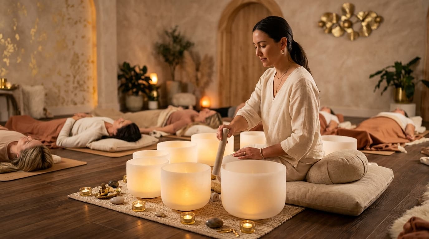 Larissa Steinbach guiding a sound wellness session at Soul Art Dubai, with focus on ancient Himalayan singing bowls producing rich overtones for deep relaxation.