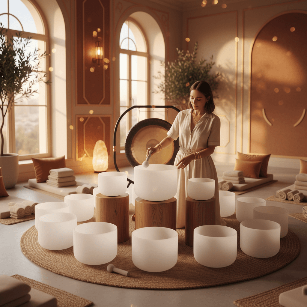 Larissa Steinbach guiding a client through a personalized sound wellness session at Soul Art, featuring crystal singing bowls and therapeutic sound instruments, for deep relaxation and customized wellbeing.