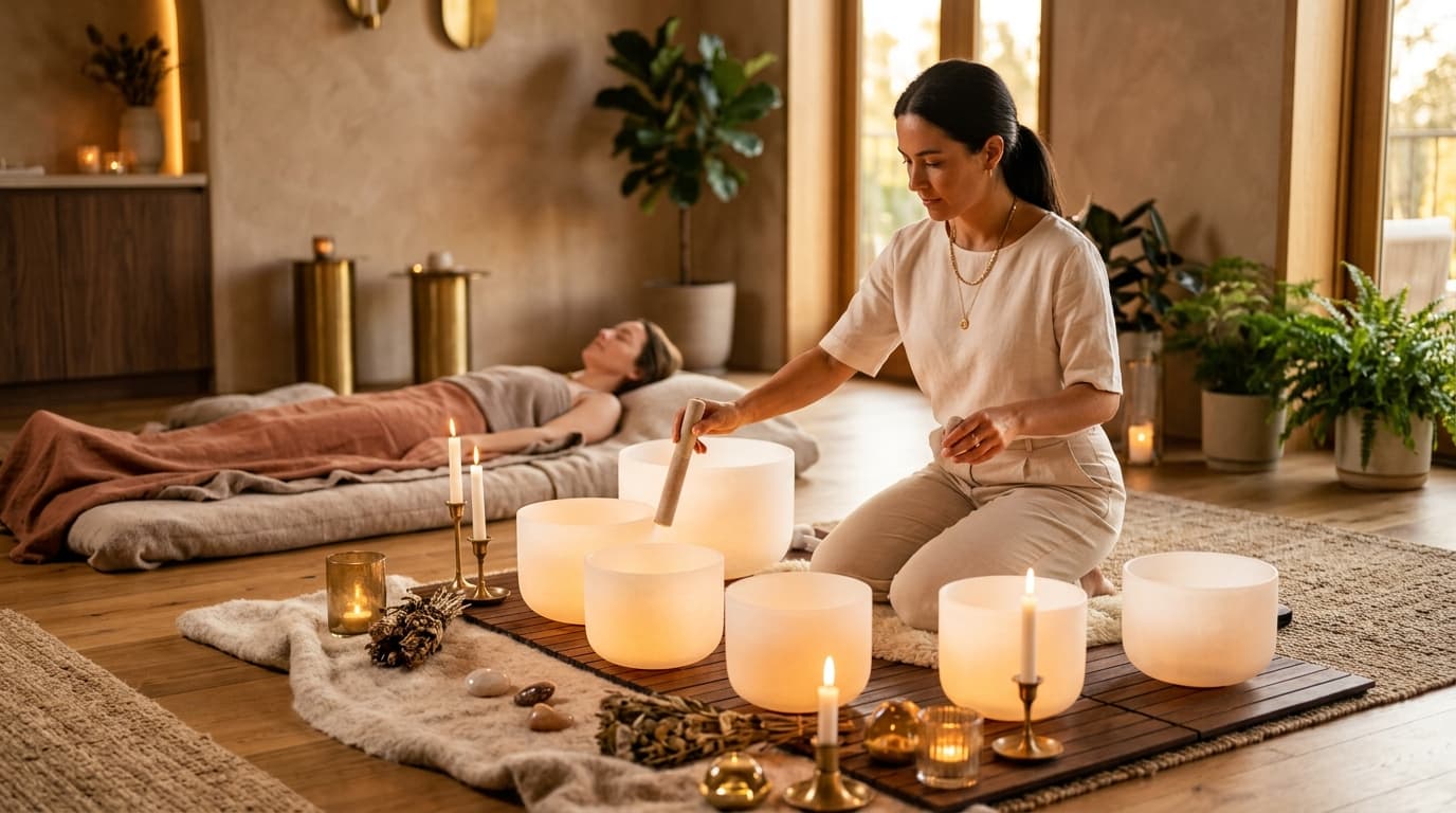 Eine ruhige Meditationsszene mit gedämpftem Licht und Klangschalen, die die Balance von Klang und Stille bei Soul Art von Larissa Steinbach symbolisiert.
