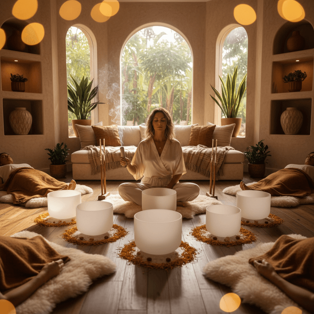 Eine Person entspannt sich in einer Klang-Wellness-Sitzung, umgeben von sanften Vibrationen, die das Wohlbefinden steigern. Ein Blick auf die einzigartige Herangehensweise von Soul Art Dubai unter der Leitung von Larissa Steinbach.