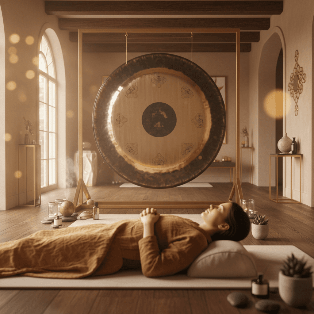 Larissa Steinbach conducting a private sound bath session at Soul Art Dubai, surrounded by crystal bowls and gongs, illustrating deep relaxation and personalized well-being.