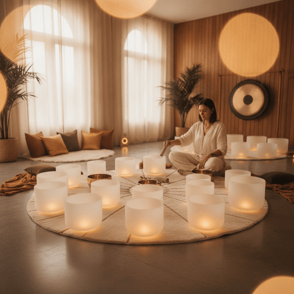 Larissa Steinbach from Soul Art performing a sound bath with diverse crystal singing bowls in a tranquil, softly lit studio, emphasizing sensory accessibility and personalized wellness journeys.